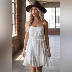 NWT POL Embroidered Boho Floral Asymmetrical Babydoll Mini Dress Ivory